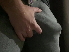 Hard British big cock, explodes out of grey gym pants, ready to fuck