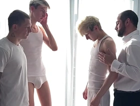 Lustful daddy brings two stepsons together with a cute twink and gets his tight hole torn