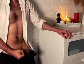A buff handsome man in a white shirt and with a small dick jerks off loudly at the camera