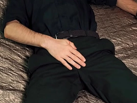 Young handsome man Noel Dero masturbates on the bed in a beautiful suit and brings himself to orgasm